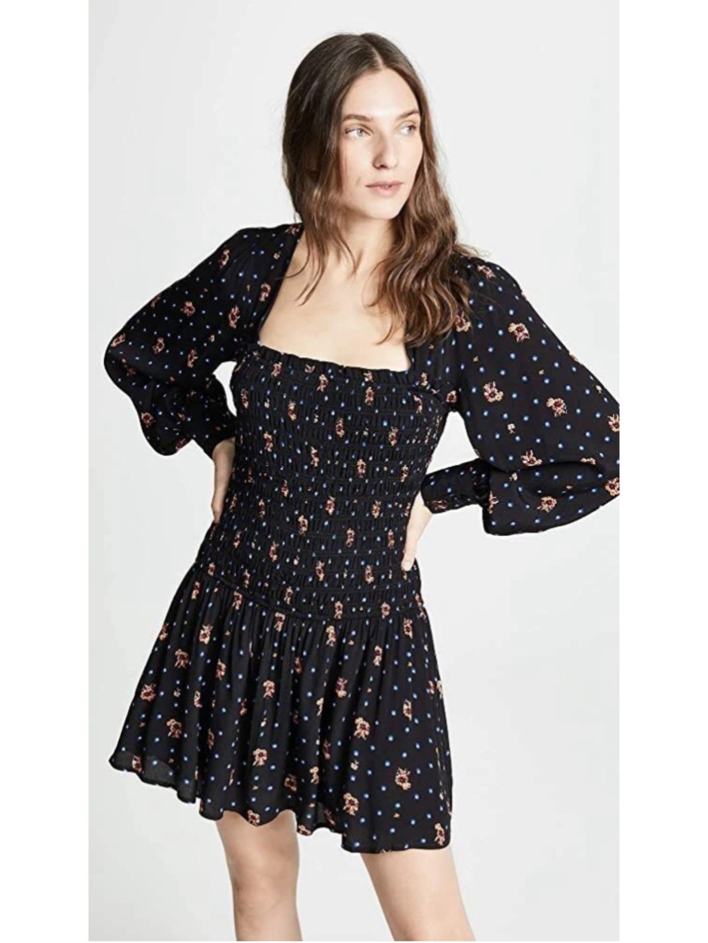 Free People Two Faces Black Floral Print Smocked Boho Mini Dress Size S NWT